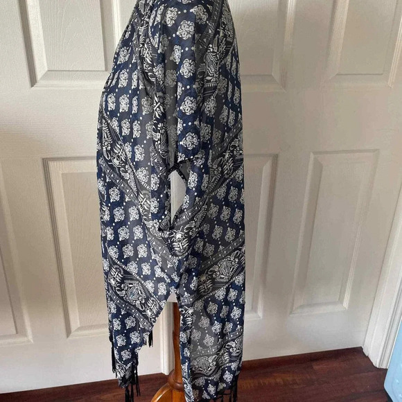 Womens Kimono Cover Up OSFM Tassels Blue Boho Hippie Longline Lagenlook Open - Picture 3 of 8